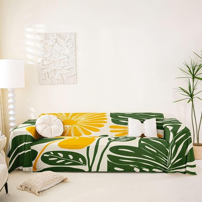Erosebridal Yellow Green Flower Sofa Cover Minimalist Floral Couch Cover for Kids Women Vintage 70S Modern Sofa Protector Retro Abstract Aesthetic Couch Protector 91" X 118", Washable Non Slip by Erosebridal