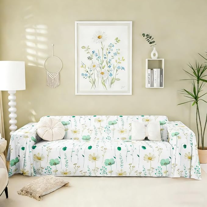 Erosebridal Watercolor Floral Sofa Cover Mint Green Beige Flower Couch Cover Modern Minimalist White Sofa Slipcover for Pets, Kids, Dog Rustic Farmhouse Washable Non Slip Couch Protector 71" X 134" by Erosebridal