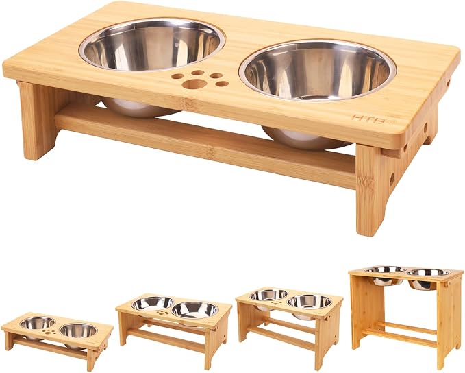 HTB Elevated Dog Bowl Stand with 2 Stainless Steel Bowls-4" H Small Bamboo | Raised Dog Bowl Stand, 4"tall, 21 Oz Bowls, for Small Sized Dogs, Pet-safe, Solid Bamboo by HTB