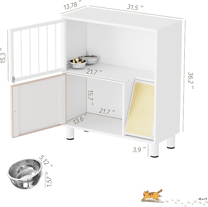 Metal Cat Feeding Station, Dog Proof Cat Feeding Station, Pet Food Storage | Cat Food Table, Raised Bowls for Indoor Cats, Elevated Food Bowls with Stand, Cat House with Scratching Board, Metal White - Image 2