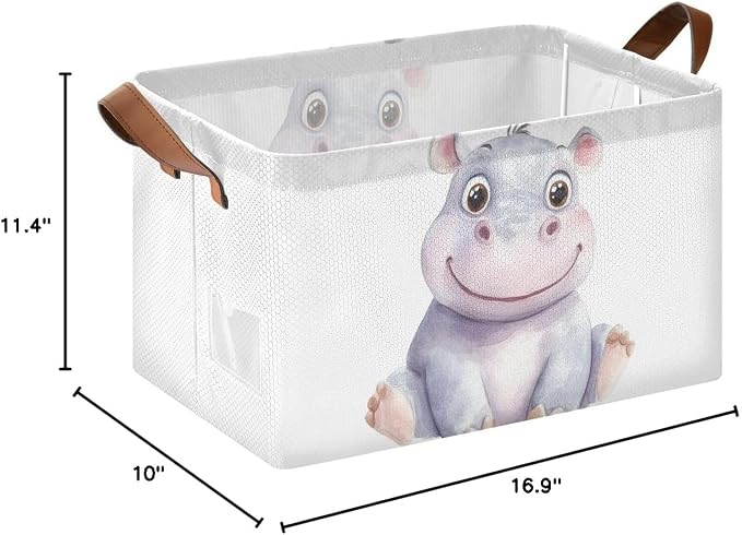 Cute Baby Hippopotamus Hippo Animal Storage Basket with Labels&Handles Rectangular Waterproof Nursery Storage Bins Collapsible Shelf Organizer Baskets for Kids Books Cloth Basket Toys Laundry, 2 PC - Image 8