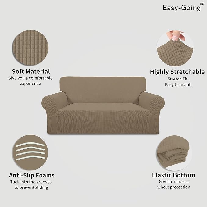 Easy-Going Stretch Oversized Loveseat Couch Covers Washable Natural | 1-Piece Large Loveseat Cover for 2 Cushion Couch Furniture Protector RV Sofa Slipcover Soft with Bottom for Kids Pets - Image 3
