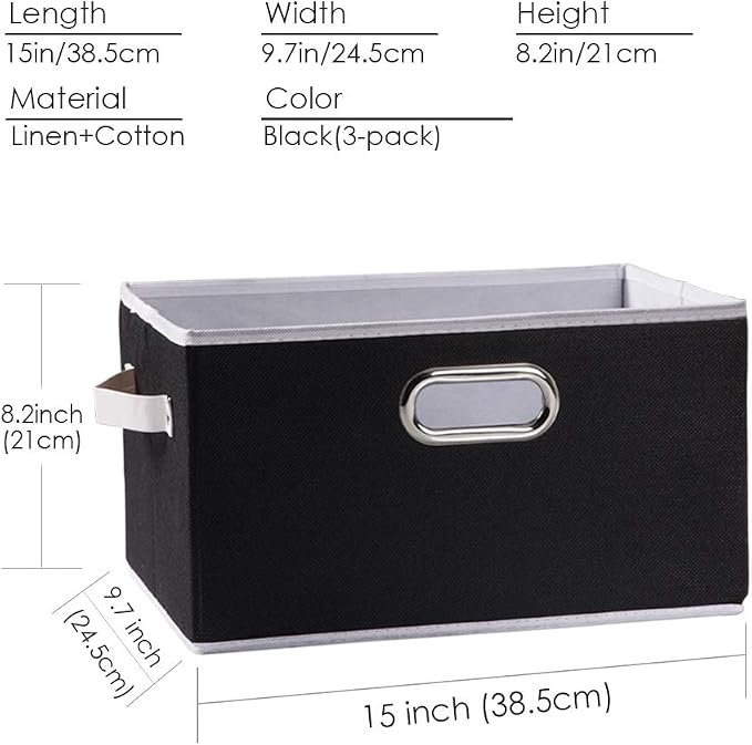 PRANDOM Large Collapsible Storage Bins for Closet [3-pack] Decorative Fabric Storage Baskets Cubes with Leather/Metal Handles for Shelves Bedroom Living Room Black (14.9x9.8x8.3 Inch) - Image 6