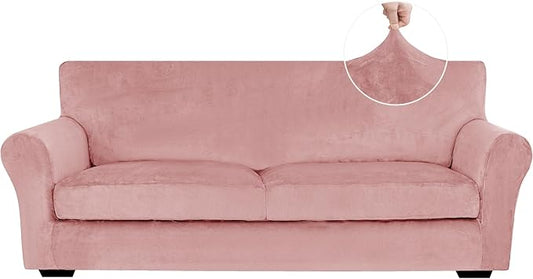XINEAGE 3-Piece Velvet Sofa Cover,Couch Covers for Dog,Pink | 2 Cushion Sofa,Stretch Non-slip Elastic, Pet-friendly, Washable, Fast Setup, Soft Plush Fabric, Furniture Protector. by XINEAGE