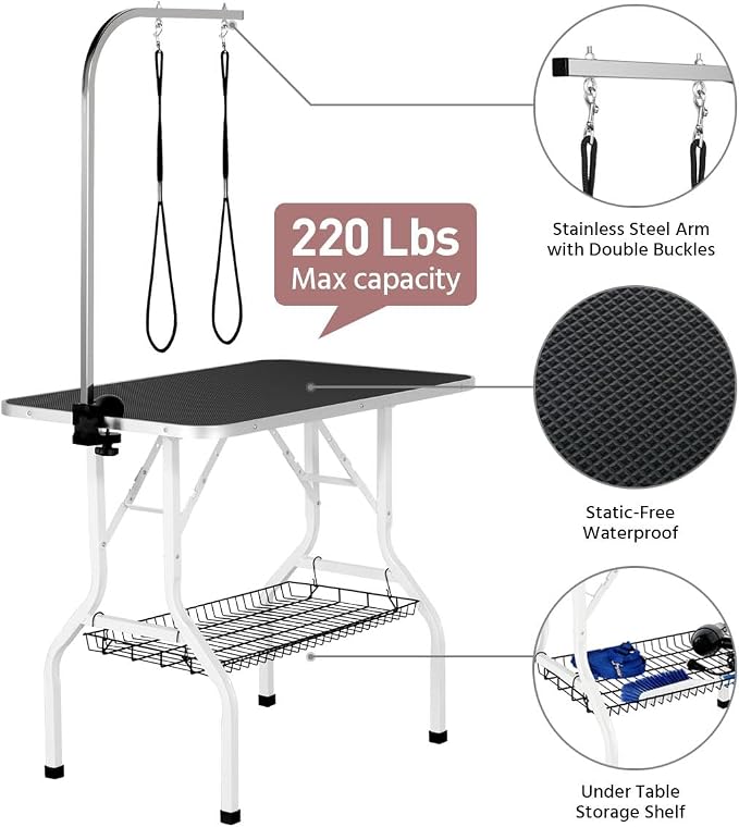 Yaheetech 36'' Dog Grooming Table, Pet Foldable Grooming Table w/Double Loops/Mesh Tray/Adjustable Arm, Black - Image 5
