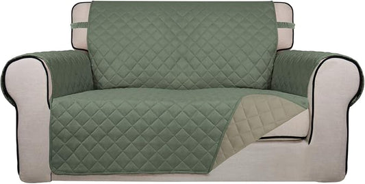 PureFit Reversible Quilted Couch Covers for Dogs Loveseat Sofa Cover 46.5” | Greyish Green/Beige, Water Resistant Couch Protector, Washable Pet Couch Cover with Non Slip and Elastic Straps For Kids by PureFit