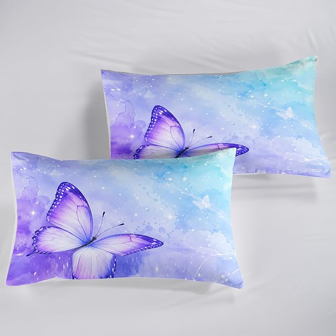 QOOMO Butterfly Comforter Queen Size Set - Watercolor Kids Bedding, 3Pcs With 2 Pillowcases, Down Alternative, Soft and Lightweight for All Seasons - Image 6