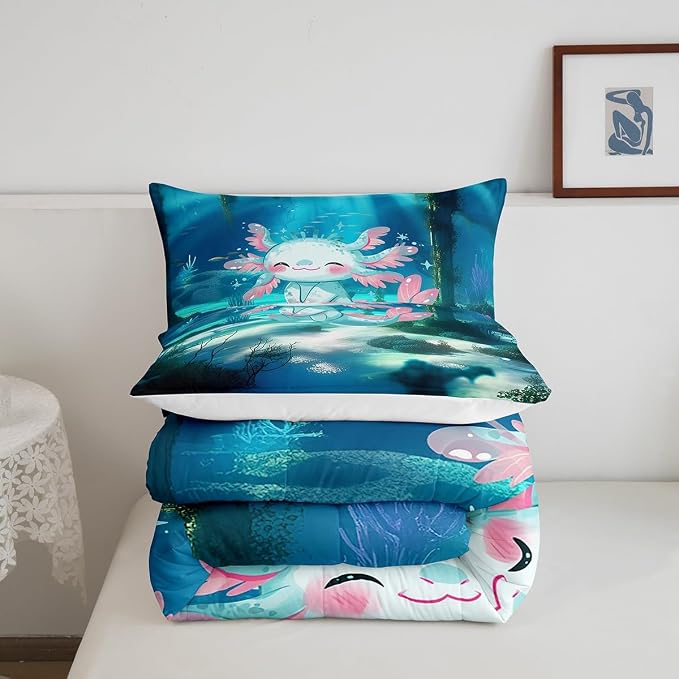 Manfei Cartoon Axolotl King Size Comforter Set 3 Pcs,Kawaii Ocean Animal Marine Life Down Alternative Bedroom Decor,Undersea Coral Plants Watercolor Teal Microfiber Inner Fill Bedding Set - Image 5
