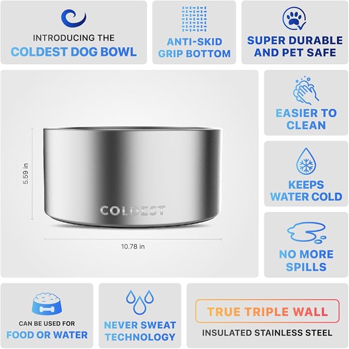 Coldest Dog Bowl - Anti Rust Metal, Non Slip, 3 Layers Insulated Stainless Steel Dog Bowls - Spill Proof & Heavy Duty - Water Bowl for Dogs, Cats, Dish Washer Safe (200 oz, Polished Stainless Steel) - Image 5