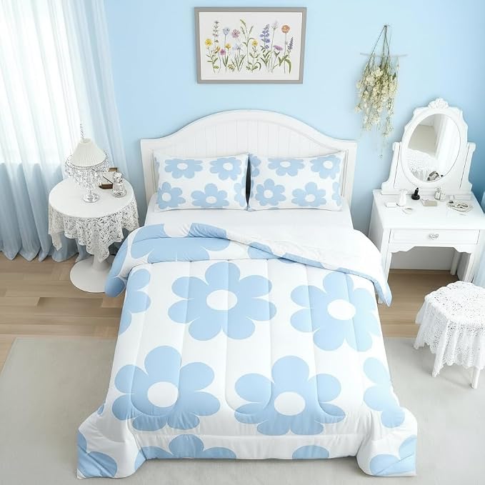 Manfei Cute Daisy Flowers Bedding Set for Boys Girls,70s Retro Groovy All Season Cozy Comforter Set Full Size,Cartoon Floral Blue Duvet Set Bedroom Décor,Gift for Kids by Manfei