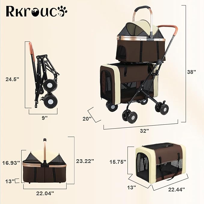Foldable Double Pets Stroller for Dog Portable Cat Strollers for Small Medium Pet with Detachable Carriers Flexible Lockable Wheels Lightweight Dogs Jogger Strolling Cart Up to 77Lbs (Brown)
