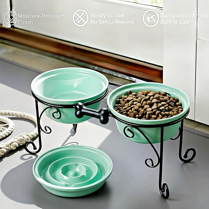 Elevated Dog Bowl Stand with 3 Large Ceramic Bowls – Raised Feeding Station for Medium & Large Dogs, Includes 2 Standard Bowls + 1 Slow Feeder, Durable Iron Frame, Non-Slip (Lucite Green) - Image 2