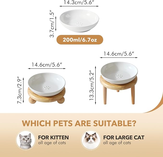 Havniva Elevated Cat Bowls, Raised Ceramic Cat Bowl with Stand, Two Heights | Cat Food & Water Bowl Set, Whisker Friendly, 5.6” Raised Cat Dishes, Shallow Cat Plate, Non-slip Wood Stand, Kitten Food Bowl - Image 2