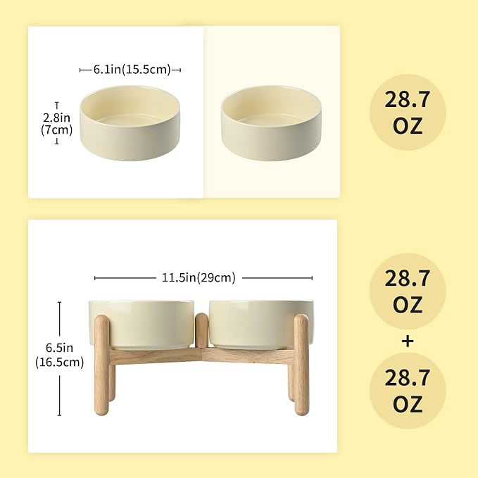 SPUNKYJUNKY Ceramics Raised Dog Bowl with Wooden Stand - Double 28.7OZ Cream White Bowls for Small Medium Dogs - Image 2
