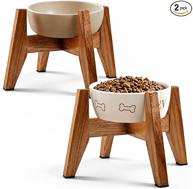 RAINBLELAND Elevated Dog Bowl Stand for Small Dogs, 7" Tall Raised Dog Bowl Stand Fits Up to 7" Bowls, Solid Acacia Wood Dog Bowl Holder, Set of 2 Wooden Dog Feeding Stands (Stand Only) by RainbleLand