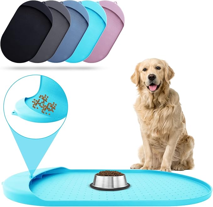 Dog Food Mat - 32” x 19” Pet Feeding Mat with Residue Collection Pocket - Large Silicone Dog Mat for Food and Water - Waterproof Dog and Cat Bowl Mat, High Edges to Prevent Spills, Light Blue by ORA+SHOP