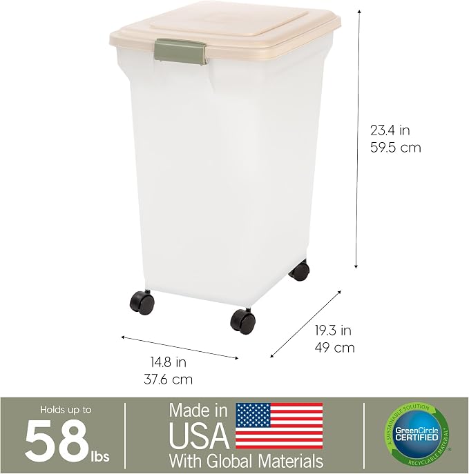 IRIS USA Dog Food Storage Container 58 lbs, Attachable Wheels, for Dog Cat Birds and other Pets, Food Storage Bin, Keep Fresh, Easy Mobility, BPA Free - Made in the USA, Almond/Pearl - Image 3