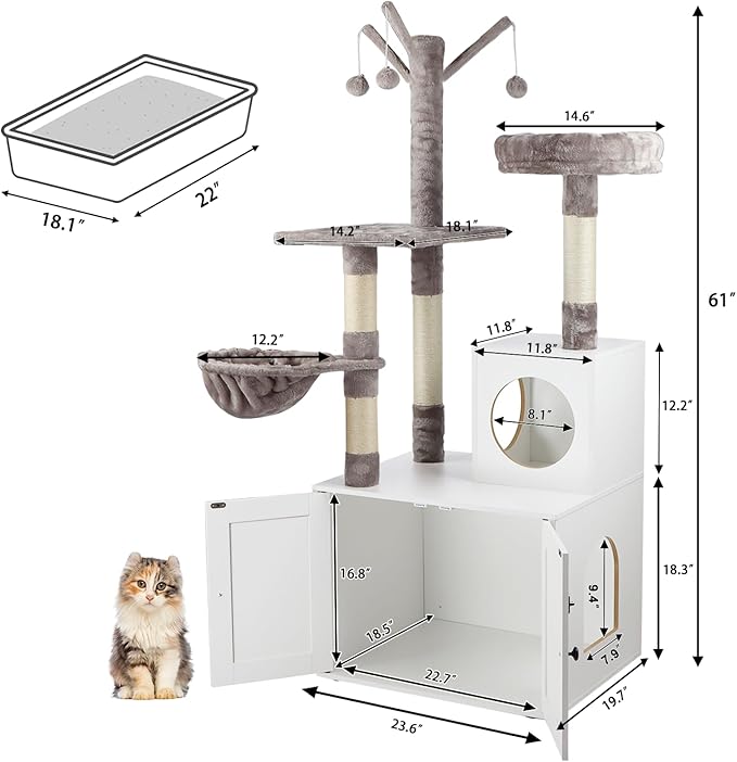Timberer Litter Box Enclosure with Cat Tree, 2-in-1 Hidden Litter Box Furniture with Scratching Post, Modern Cat Condo, White - Image 6