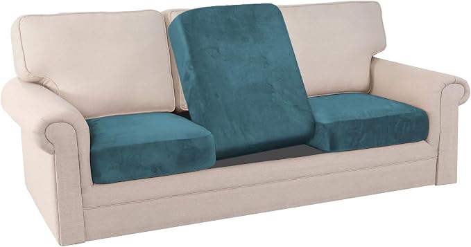 PrinceDeco Couch Cushion Covers, Stretch Washable Sofa Cushion Cover, Fitted Sofa Slipcover Velvet Fabric Non-Slip Furniture Protector for Dog,Pets, Kid (Each Width Up to 29.5", Blue) - Image 8