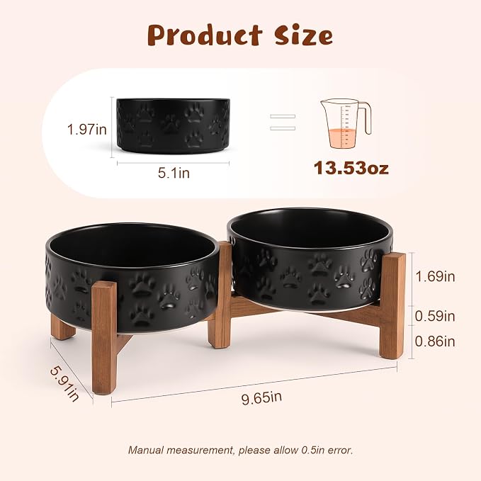 SPUNKYJUNKY Ceramic Elevated Dog Bowl Set with Acacia Wood Stand for Food and Water for Cats and Small Dogs (13.52 OZ, Black, Dog Paw Pattern) - Image 2