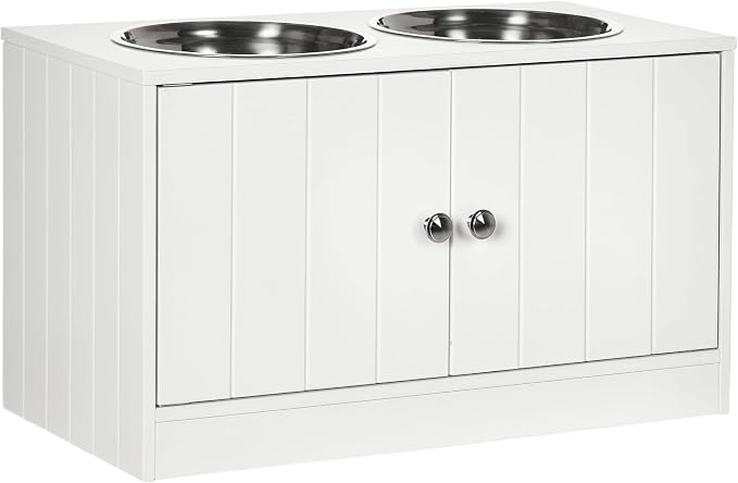 PawHut Large Elevated Dog Bowls with Storage Cabinet Containing Large 44L Capacity, Raised Dog Bowl Stand Pet Food Bowl Pet Feeding Station, White | Raised Dog Bowl Stand, Pet Feeding Station by PawHut