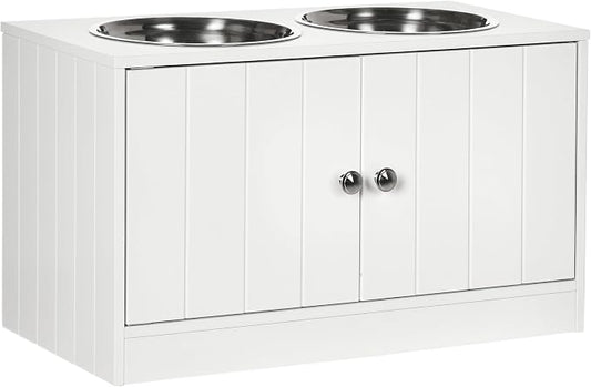 PawHut Large Elevated Dog Bowls with Storage Cabinet Containing Large 44L Capacity, Raised Dog Bowl Stand Pet Food Bowl Pet Feeding Station, White | Raised Dog Bowl Stand, Pet Feeding Station by PawHut