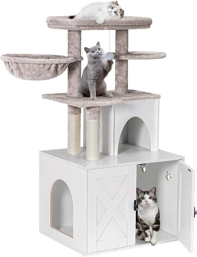 Snughome Cat Litter Box Enclosure with Cat Tree Tower and Condo, Hidden Washroom Furniture with Sisal Scratching Post and Soft Plush Perch, Wooden Cat Furniture with Multiple Platforms, White by Snughome