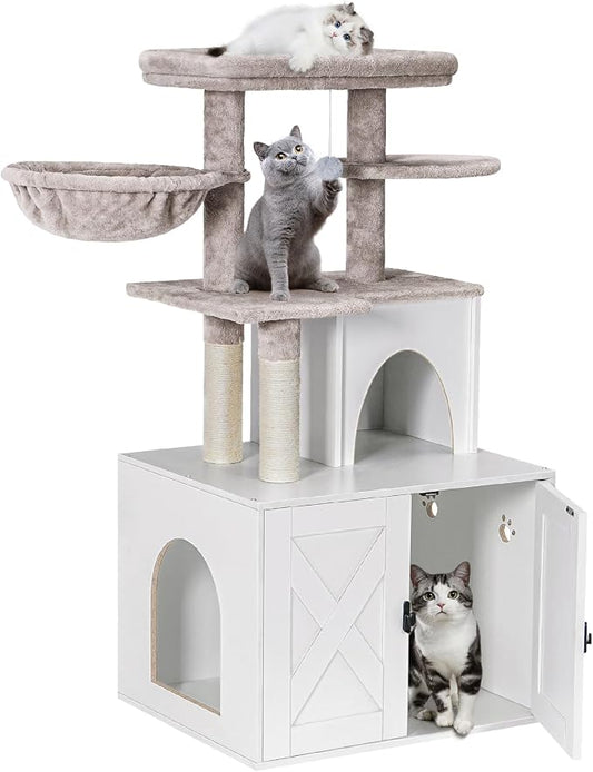 Snughome Cat Litter Box Enclosure with Cat Tree Tower and Condo, Hidden Washroom Furniture with Sisal Scratching Post and Soft Plush Perch, Wooden Cat Furniture with Multiple Platforms, White by Snughome
