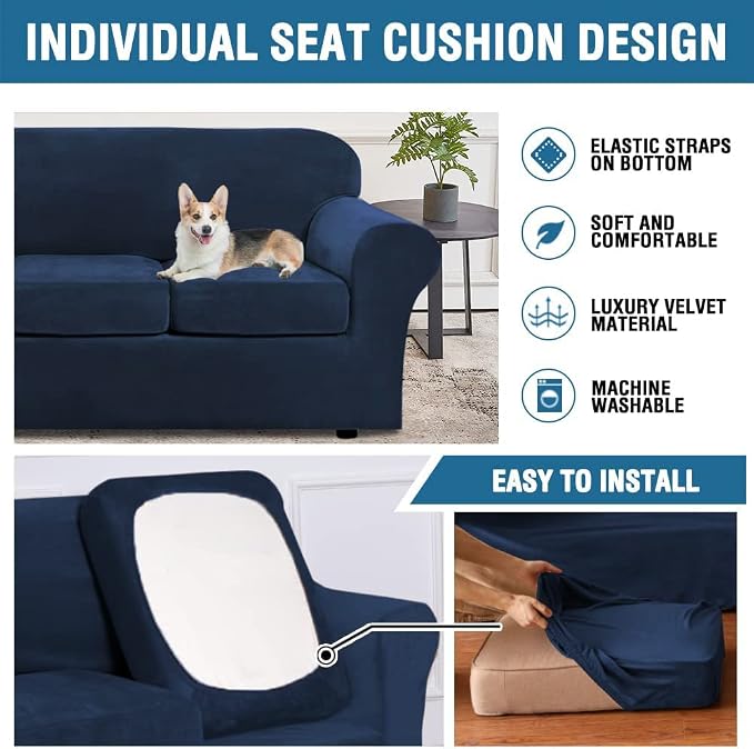 H.VERSAILTEX Rich Velvet Stretch 2 Piece Cover Chair Slipcover Sofa Cover Furniture Protector Couch Soft with Elastic Bottom Chair Couch Cover with Arms Width Up to 49 Inch(Chair,Navy) - Image 6