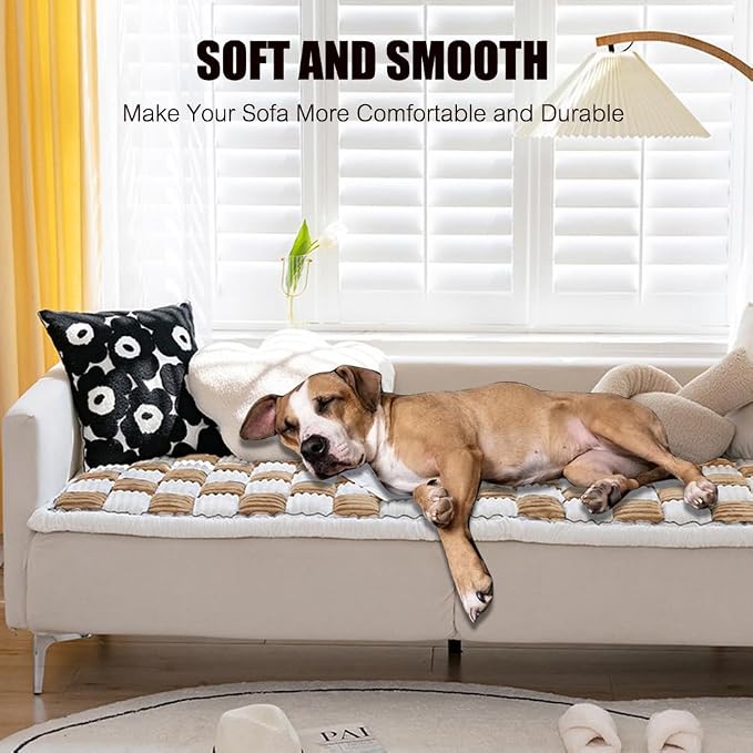 Fuzzy Chic Cotton Protective Couch Cover,Machine Washable & Non-Slip Pet Mat Bed Couch Cover,Garden Sofa Cover Cream-Coloured Plaid Pet Mat for Most Cats Dogs,Pets (light coffee, 23.6*70.9inch) - Image 3