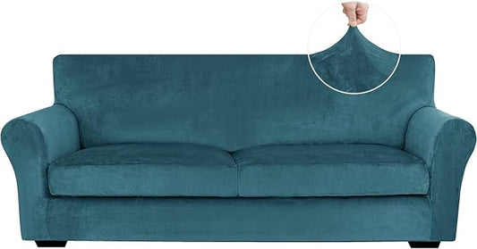 XINEAGE 3-Piece Velvet Sofa Cover,Couch Covers for Dog,Peacock Blue | 2 Cushion Sofa,Stretch Non-slip Elastic, Pet-friendly, Washable, Fast Setup, Soft Plush Fabric, Furniture Protector. by XINEAGE
