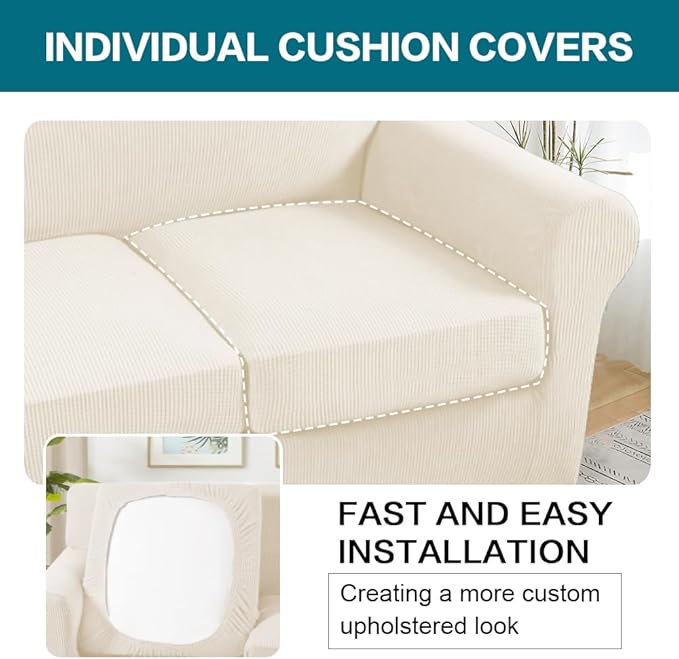 Turquoize 3 Piece Sofa Covers for 2 Cushion Couch Sofa Slipcover Soft Couch Cover for Dogs-Washable Furniture Cover with 2 Individual Covers, Feature Fabric (2 Cushion Sofa, Cream) - Image 5