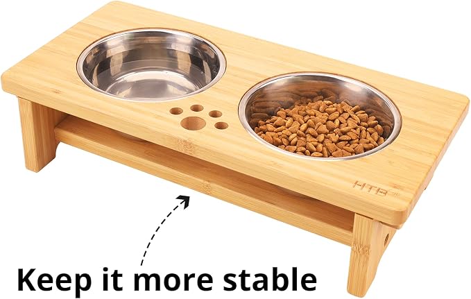 HTB Elevated Dog Bowl Stand with 2 Stainless Steel Bowls-4" H Small Bamboo | Raised Dog Bowl Stand, 4"tall, 21 Oz Bowls, for Small Sized Dogs, Pet-safe, Solid Bamboo - Image 4