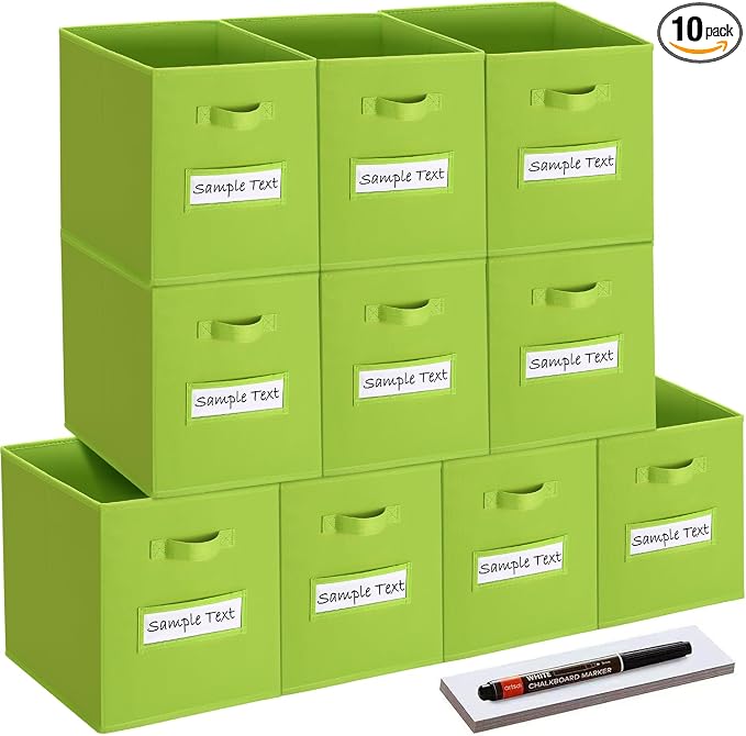 11x11 storage cube bins (Set of 10) Foldable Fabric storage cubes with 10 Labels Window Cards & a Pen,11 inch cube storage bin,Closet Organizers for Shelves,Cubby Organizer Boxes,lime green by Artsdi
