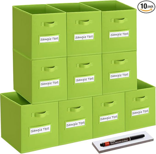 13x13 storage cube bins (Set of 10) Foldable Fabric storage cubes with 10 Labels Window Cards & a Pen,13 inch cube storage bins,Closet Organizers for Shelves,Cubby Organizer Boxes,lime green by Artsdi