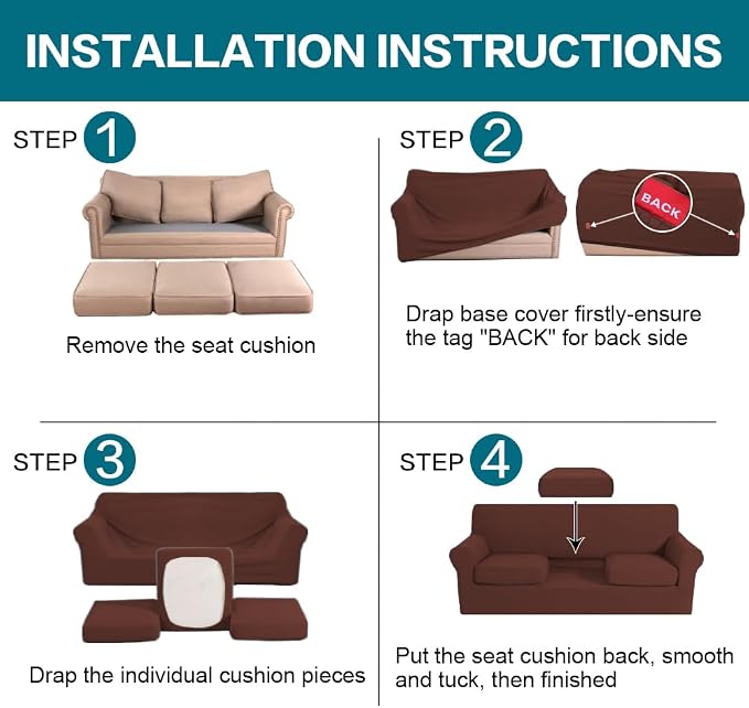 Turquoize 4 Piece Sofa Covers for 3 Cushion Couch Sofa Slipcover Soft Couch Cover for Dogs-Washable Sofa Furniture Cover with 3 Individual Cushion Covers (3 Cushion Sofa, Burnt Brick) - Image 6