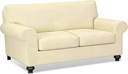 URBANLIFE 3-Piece Stretch Sofa Covers for 2 Cushion Couch, Cream | Super fitted spandex slipcovers for couches. Non-slip elastic bottom. Machine washable furniture protector for kids & pets. by URBANLIFE