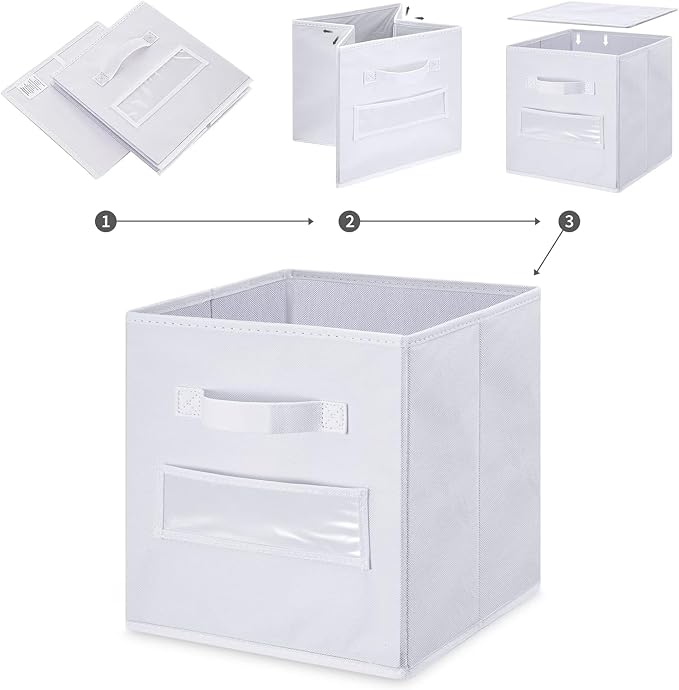 13x13x13 storage cube bins (Set of 10) Fabric storage cubes with 10 Labels Window Cards & a Pen, storage cubes 13x13, Collapsible 13 inch cube storage bins, Cubby Organizer Boxes, White - Image 4