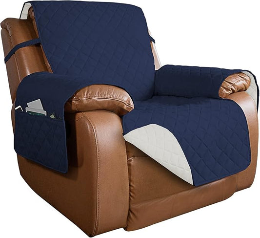 PureFit Reversible Recliner Chair Covers Couch Covers for Dogs, 28 in | Navy/Ivory, Water Resistant Couch Protector, Washable Pet Couch Cover with Non Slip and Elastic Straps For Kids by PureFit