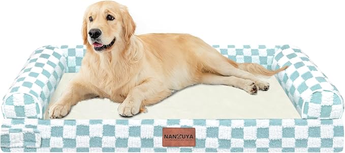 NANUYA Orthopedic Dog Bed for Large Dogs, 36 x 27 Inch, Green Grid | Egg crate foam for joint support, 3-sided bolster pet sofa, waterproof lining, washable cover, and non-skid base by Nanuya