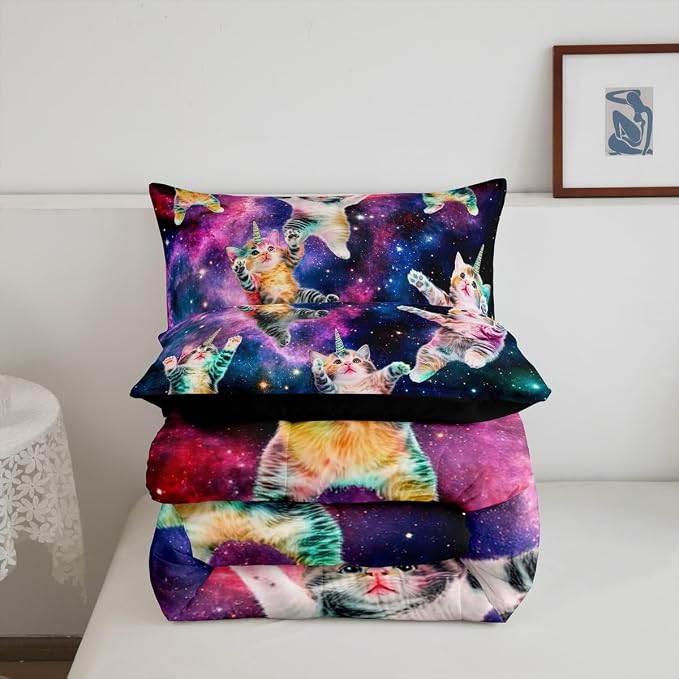 Feelyou Galaxy Unicorn Comforter Set Kids Cute Unicorn Cats Bedding Set for Boys Girls Fairy Cartoon Animal Comforter Stars Rainbow Cats Decor Quilt Set Room Decor 3Pcs Queen Size - Image 5