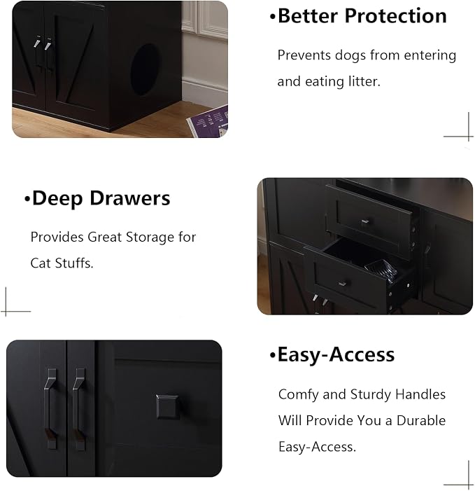 Forest Gravity Large Dog-Proof Double Cat Litter Box Enclosure with Storage for 2 Cats,Cat Washroom Cabinet with 2 Drawers,47.6'' Modern Dual Litter Box Furniture Cabinet with Compartments,Black - Image 3