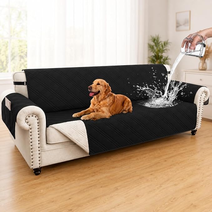 100% Waterproof Couch Cover for Dogs, Washable Anti-Slip Sofa Cover with Elastic Straps & Side Pockets, Quilted Furniture Protector for Kids & Pets (Oversize Sofa 78", Black) by Unknown