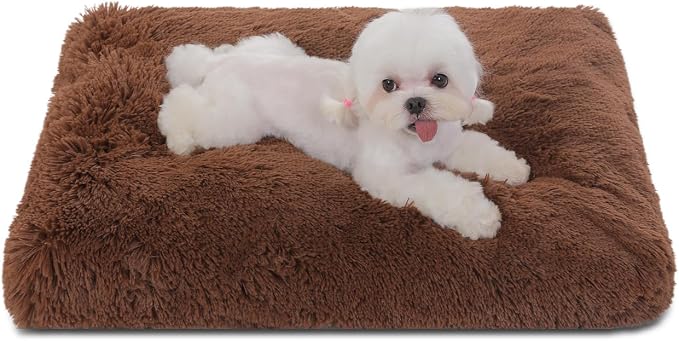 Bedfolks Waterproof Crate Bed, Plush Dog & Cat Kennel Pad with Removable Cover, Faux Fur, Washable, 21"x13", Solid Brown by Bedfolks