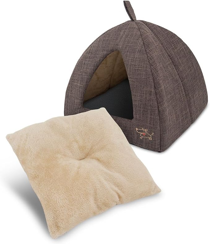 Best Pet Supplies Cat Bed for Indoor Cat, Domed Tent House with Removable Pillow, Covered Cat Cave for Small Dog, Puppies and All Breeds of Cats - Brown Linen, 19 x 19 x H:19" - Image 2