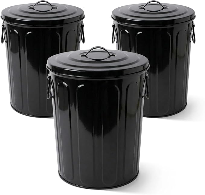 Plexon 5 Gallon Small Metal Trash Can with Lid Outdoor Galvanized Steel Bucket with Lid 5 Gal Storage Can for Dog Food Bird Seed Storage Container, Black 3 Pack by Plexon