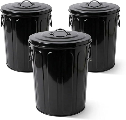Plexon 5 Gallon Small Metal Trash Can with Lid Outdoor Galvanized Steel Bucket with Lid 5 Gal Storage Can for Dog Food Bird Seed Storage Container, Black 3 Pack by Plexon