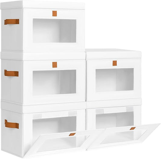 Homsorout Medium Fabric Storage Bins - Closet Shelf Organizer with Open Window, 5 Pack Closet Baskets for Shelves, Stackable Decorative Boxes for Home, Dorm, White, 13.7" x 9.8” x 9.8" by Homsorout