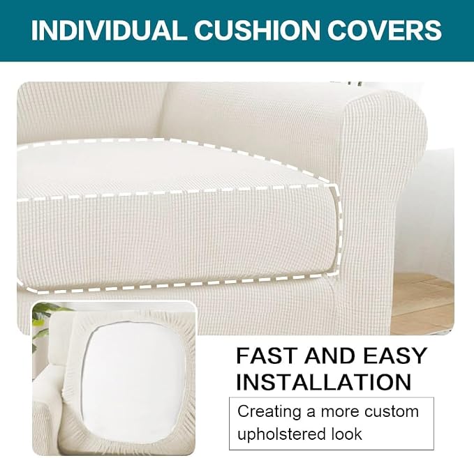 Turquoize 2 Piece Chair Covers Armchair Slipcovers for Living Room Armchair Sofa Cover with Individual Cushion Covers Feature Jacquard Fabric (Chair, Porcelain White) - Image 5