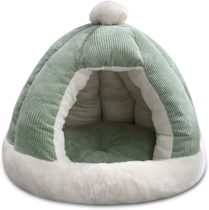 Cat Cave Bed, Cat Tent Bed House with Removable Washable Cushion, Soft Plush Cat Igloo Bed, Improve Sleep, Pet Bed for Kitten and Puppy(M, Green) by BOSERMEN